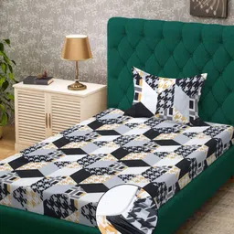 KLOTTHE Black & Grey Floral Printed 300 TC Fitted Single Bedsheet With Pillow Cover-picture-14