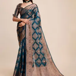 SILKWEAR Ethnic Motifs Zari Organza Banarasi Saree-image-11