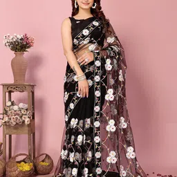 HERE&NOW Floral Embroidered Net Saree With Blouse Piece-picture-31