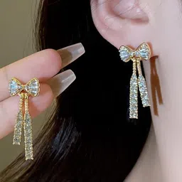AKISON JEWELS Women Gold-Plated White Crystal Contemporary Drop Earrings-picture-37
