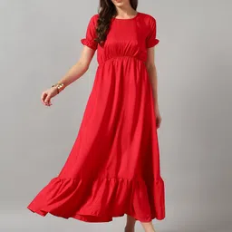 Raiyani Enterprise Round Neck Puff Sleeves Tiered Midi A-Line Dress-picture-17