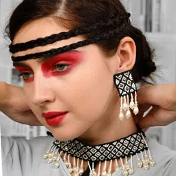ODETTE Stone-Studded & Pearl Beaded Monochrome Tribal Choker Necklace & Earring-image-37