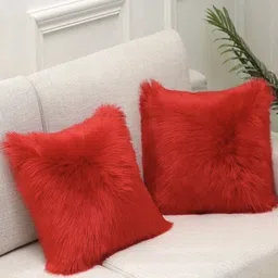 JDX Red 2 Pieces Fur Square-Shaped Microfibre Cushions-picture-10