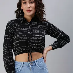 SHOWOFFFF Print Crepe Cinched Waist Crop Top image 4