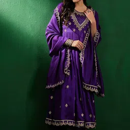 Moda Rapido Embroidered Round Neck A Line Kurta With Trousers & Dupatta image 3