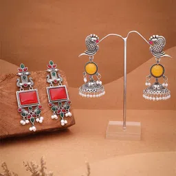 DIVASTRI Set Of 2 Silver-Plated Artificial Stones Studded Square Shaped Drop Earrings-picture-39