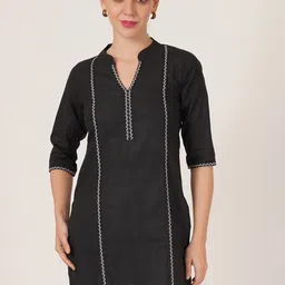 Brownverse Mandarin Collar Thread Work Pure Cotton Straight Kurti-picture-10