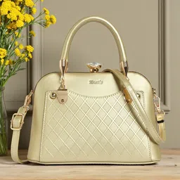 Exotic Gold Textured Structured Detachable Sling Strap Satchel with Cut Work-picture-38