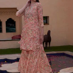 BANDIA Women Floral Printed Regular Mirror Work Kurta with Sharara & Dupatta image 2