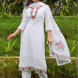 SZN Women Floral Embroidered Regular Thread Work Chanderi Silk Kurta with Trousers & With Dupatta image 2