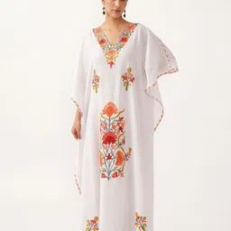 Kashmir Box Kashmiri Floral Aari Embroidered White Cotton Kaftan Maxi Dress-picture-39