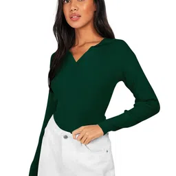 Maheshvi Top-18-Apple-Green Women Ribbed Shirt Collar Long Sleeves Fitted Top-picture-33