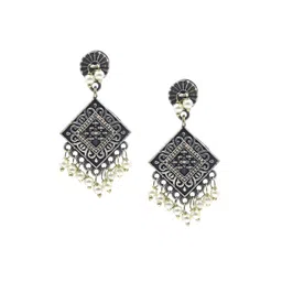 NILA Silver-Plated Pearls Beaded Geometric Oxidized Drop Earrings image 1