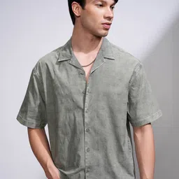 HIGHLANDER Men Boxy Fit Cuban Collar Textured Cotton Casual Shirt-image-81