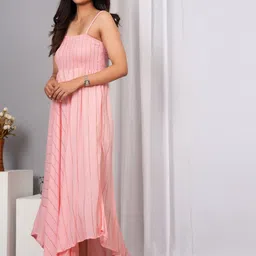 VYMO Women Striped Smocked High Low Hem A-Line Midi Dress image 4