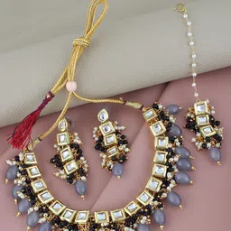 LUCKY JEWELLERY Gold-Plated White & Grey Kundan-Studded & Beaded Jewellery Set-image-86