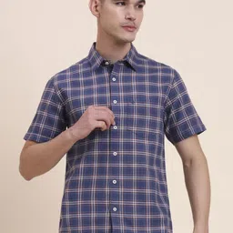 Greenfibre Men Tartan Checked Spread Collar Cotton Casual Shirt-image-7