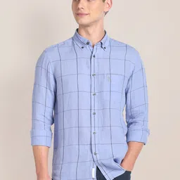 U.S. Polo Assn. Men Slim Fit Button-Down Collar Windowpane Checked Linen Casual Shirt-picture-33