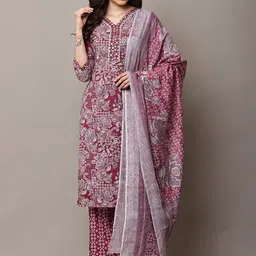 HERE&NOW Women Ethnic Motifs Printed Regular Thread Work Pure Cotton Kurta with Trousers & With Dupatta-picture-23