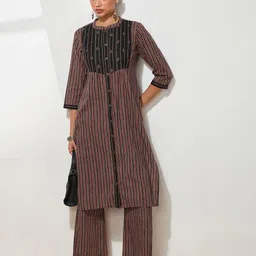 Saanjh Women Striped Regular Pure Cotton Kurta with Trousers image 3