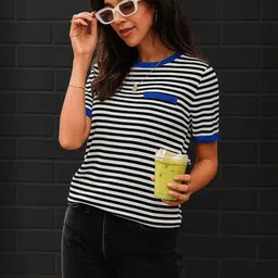 Myrung Women Striped Pockets T-shirt-picture-35