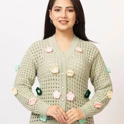 LASOON Women Embroidered Woollen Cardigan with Embroidered Detail-image-4