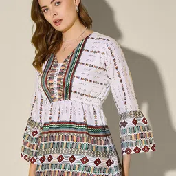 QIOA Tribal Printed Flared Sleeves Crepe Longline Top image 5