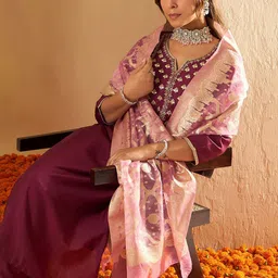 Indo Era Ethnic Motifs Yoke Design Straight Gotta Patti Liva Kurta with Trousers & Dupatta image 5