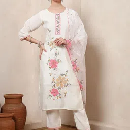 Spera Women Woven Design Embroidered Kurta with Trousers & Dupatta-image-26