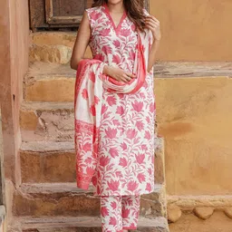 Jaitpuriya Floral Printed Pure Cotton Straight Kurta With Trousers & Dupatta-picture-49