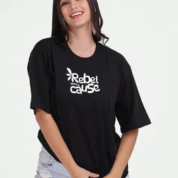 Mad Over Print Women Typography Printed Monochrome Applique T-shirt-image-34