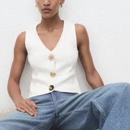 MANGO Knitted V-Neck Waistcoat With Jewel Button Detail-picture-27
