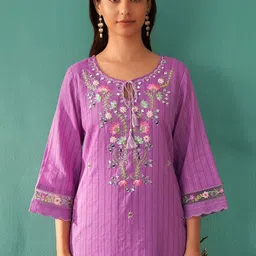 Indo Era Women Floral Embroidered Regular Thread Work Pure Cotton Kurta with Trousers & With Dupatta image 4