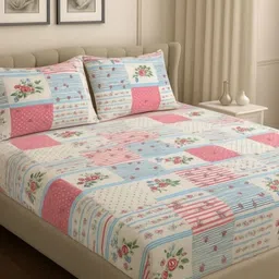 bsb home Pink & White Floral Printed 210 TC Fitted Bedsheet Set 1.82 m x 1.72 m image 2