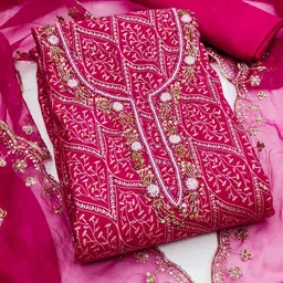 SAINOOR Floral Beads And Stones Embellished Pure Silk Semi-Stitched Dress Material-picture-33