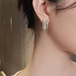 Celestique Artificial Stones Studded & Pearls Beaded Semi Circular Half Hoop Earrings image 3