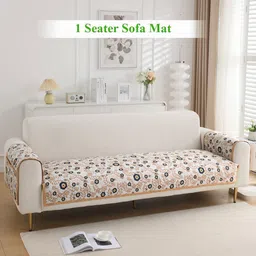 HOKIPO Peach & Black Floral Printed 1 Seater Sofa Seat Mat & 2 Armrest Covers with Pockets-image-60