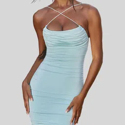 LULU & SKY Women Solid Ruched Crossover Straps Bodycon Mini Dress-picture-29