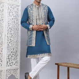 jompers Men Cotton Blend Kurta Pyjama Ethnic Jacket Set image 4