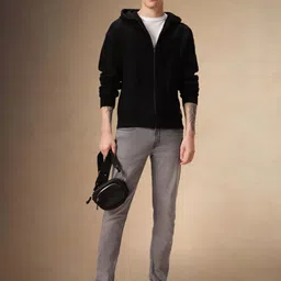 dennis lingo Men Solid Hooded Neck Black Sweater image 1