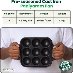 the indus valley Pre-Seasoned Cast Iron Square Paniyaram Pan with 9Pit - 7inch Appachatty 0 L capacity 17.9 cm diameter image 2
