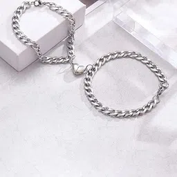 MEENAZ Unisex Set of 2 Silver-Plated Couple Magnet Link Bracelets-picture-30