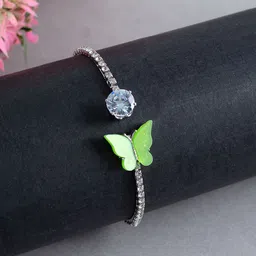 Golden Peacock Women Silver-Toned & Green Cuff Bracelet image 1