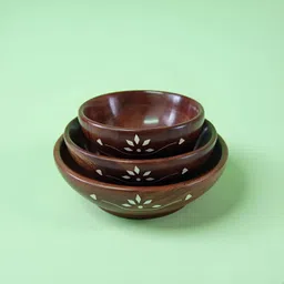 cleevora Wooden Serving Bowl 3 Wooden Bowl Set Brass Inlay Work: Serving Dish for Salad, Snacks, Soup-picture-31