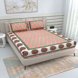 patricko Pink Traditional 220 TC Cotton Double Queen Bedsheet with 2 Pillow Covers image 1