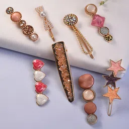 SOHI Women Gold-Plated & Peach-Coloured Embellished Alligator Hair Clip Pack of 8-image-63