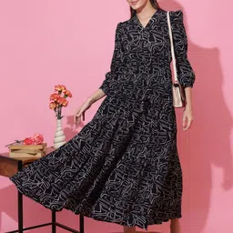 Women Fit and Flare Black, White Maxi/Full Length Dress-image-21