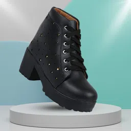 evoltar Laser-Cut Star Design Women's Heel Boots Synthetic Leather Lace-Up boots Boots For Women image 1