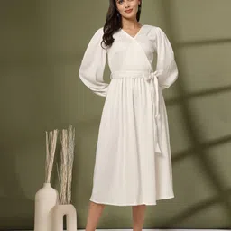 pluss Women Fit and Flare White Below Knee Dress image 1