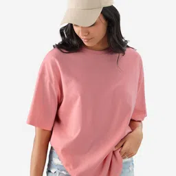 the souled store Women Solid Round Neck Pure Cotton Pink T-Shirt-picture-14
